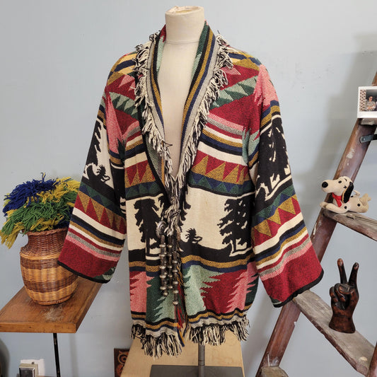 vtg 80s TAPESTRY FRINGE JACKET // vintage blanket jacket sweater womens xl southwestern boho 70s hippie retro metal conch cozy cottage aop