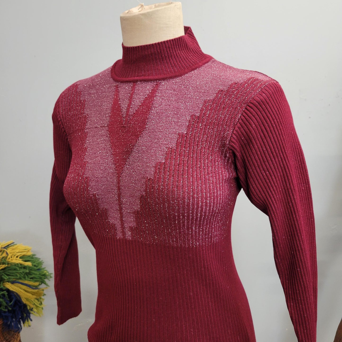 vtg 70s BURGUNDY LUREX SWEATER // vintage small womens mock neck space age metallic knit retro sparkly glitter v neck psychedelic art deco
