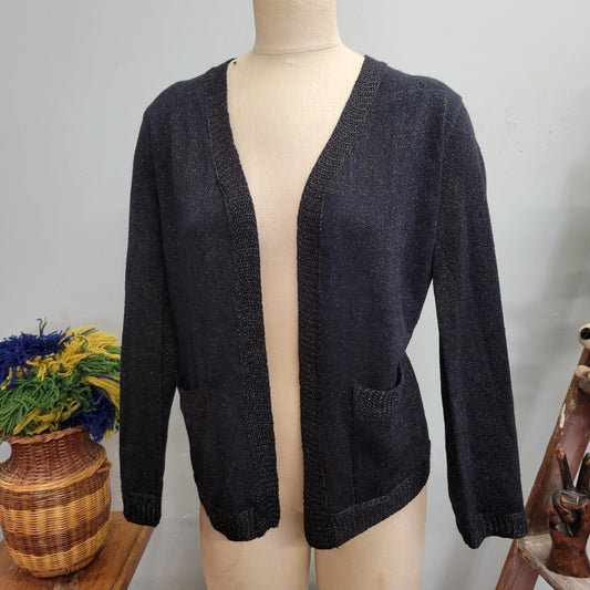 vtg 70s BLACK LUREX CARDIGAN / vintage glitter sweater joyce medium womens sparkly fastive autumn sleek retro disco metallic knit xmas party