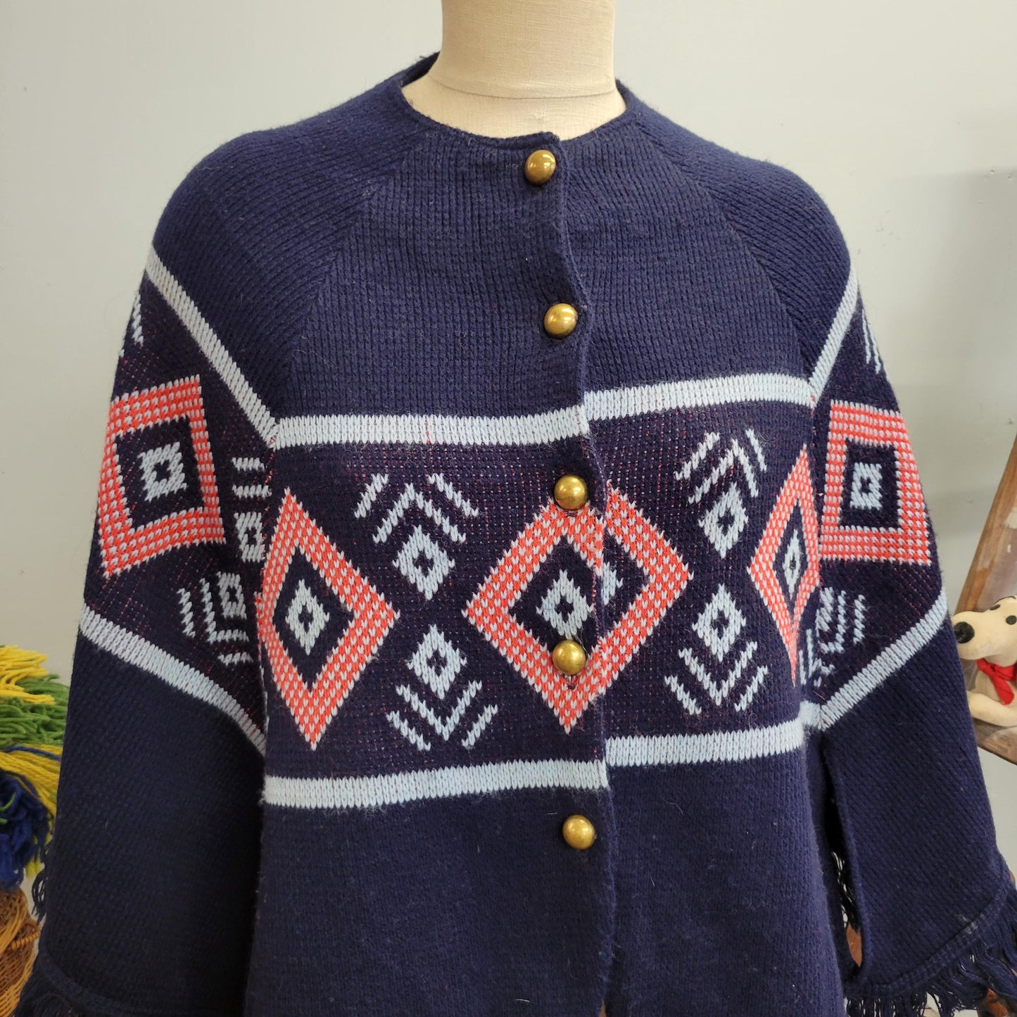 vtg 70s FRINGE PONCHO SWEATER // vintage abstract geometric pattern button up shaggy cape retro hippie mod autumn winter knit cardigan top