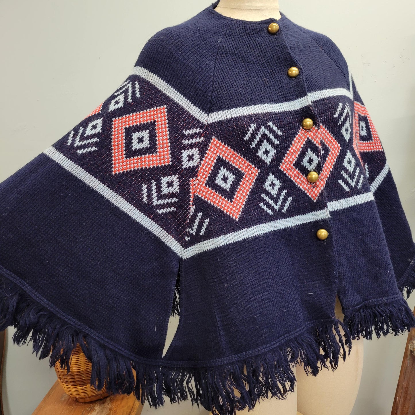 vtg 70s FRINGE PONCHO SWEATER // vintage abstract geometric pattern button up shaggy cape retro hippie mod autumn winter knit cardigan top