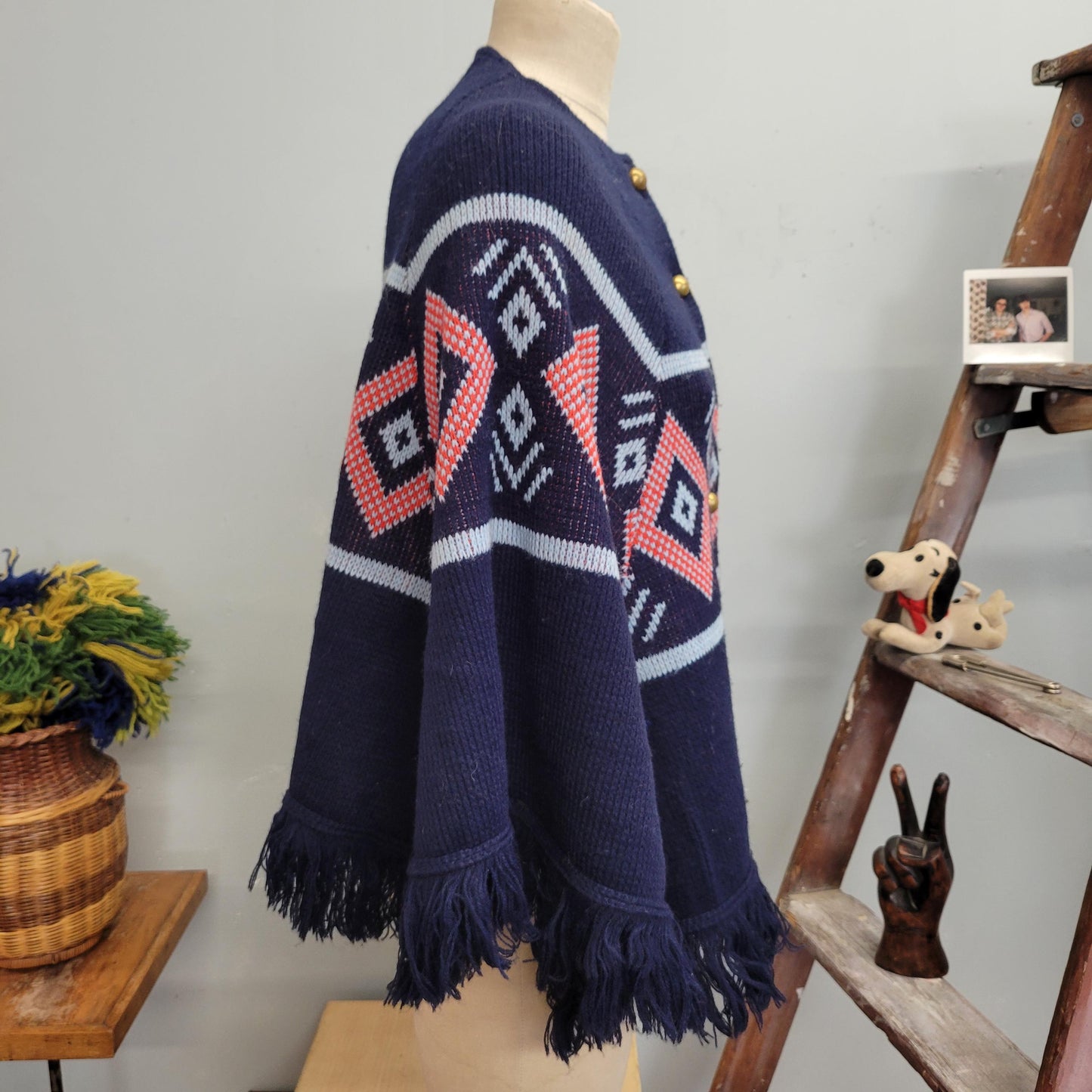 vtg 70s FRINGE PONCHO SWEATER // vintage abstract geometric pattern button up shaggy cape retro hippie mod autumn winter knit cardigan top
