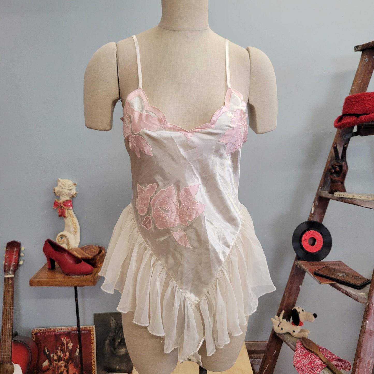 vtg 80s VICTORIAS SECRET LINGERIE // vintage unitard fluttery babydoll nightgown dress large one piece snap crotch leotard pastel fairy sexy