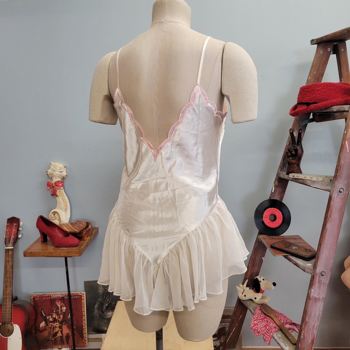 vtg 80s VICTORIAS SECRET LINGERIE // vintage unitard fluttery babydoll nightgown dress large one piece snap crotch leotard pastel fairy sexy