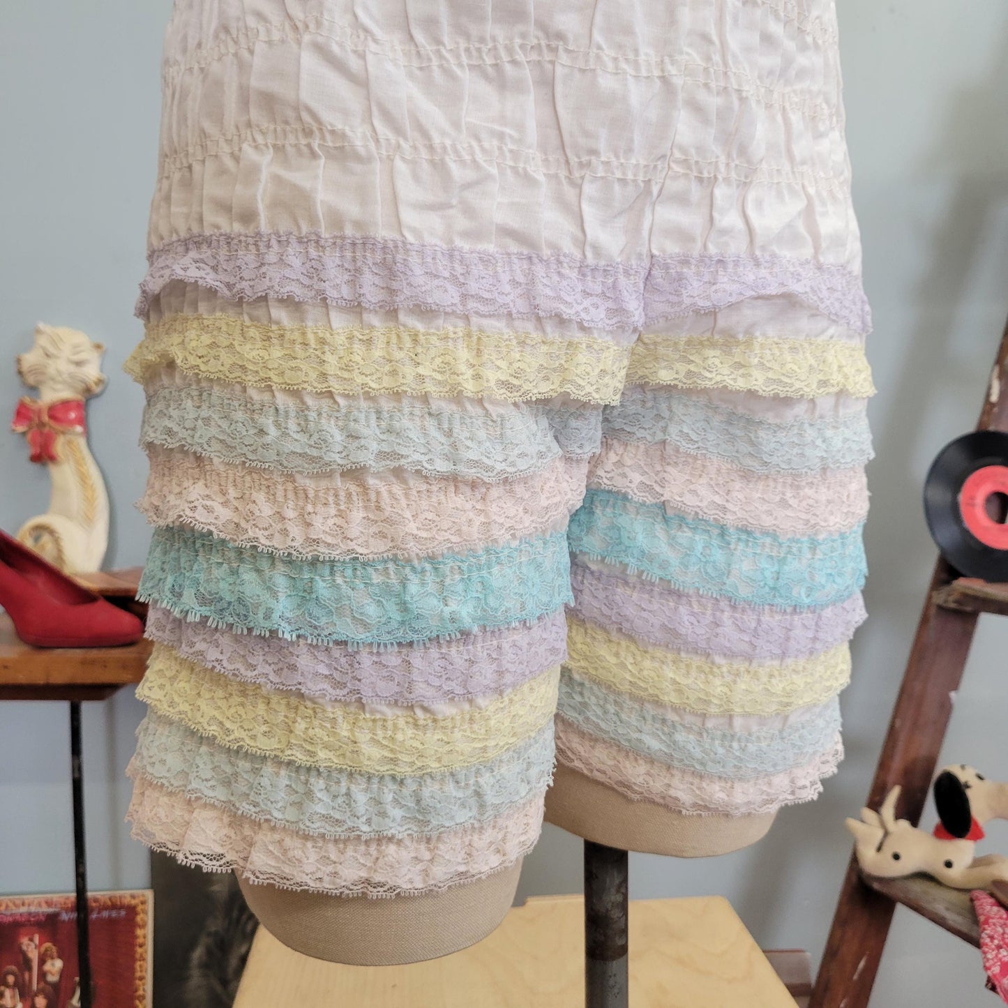 vtg 70s PASTEL RUFFLE BLOOMERS // vintage lingerie shorts partners please medium womens square dancing shorts retro long leg rainbow fairy