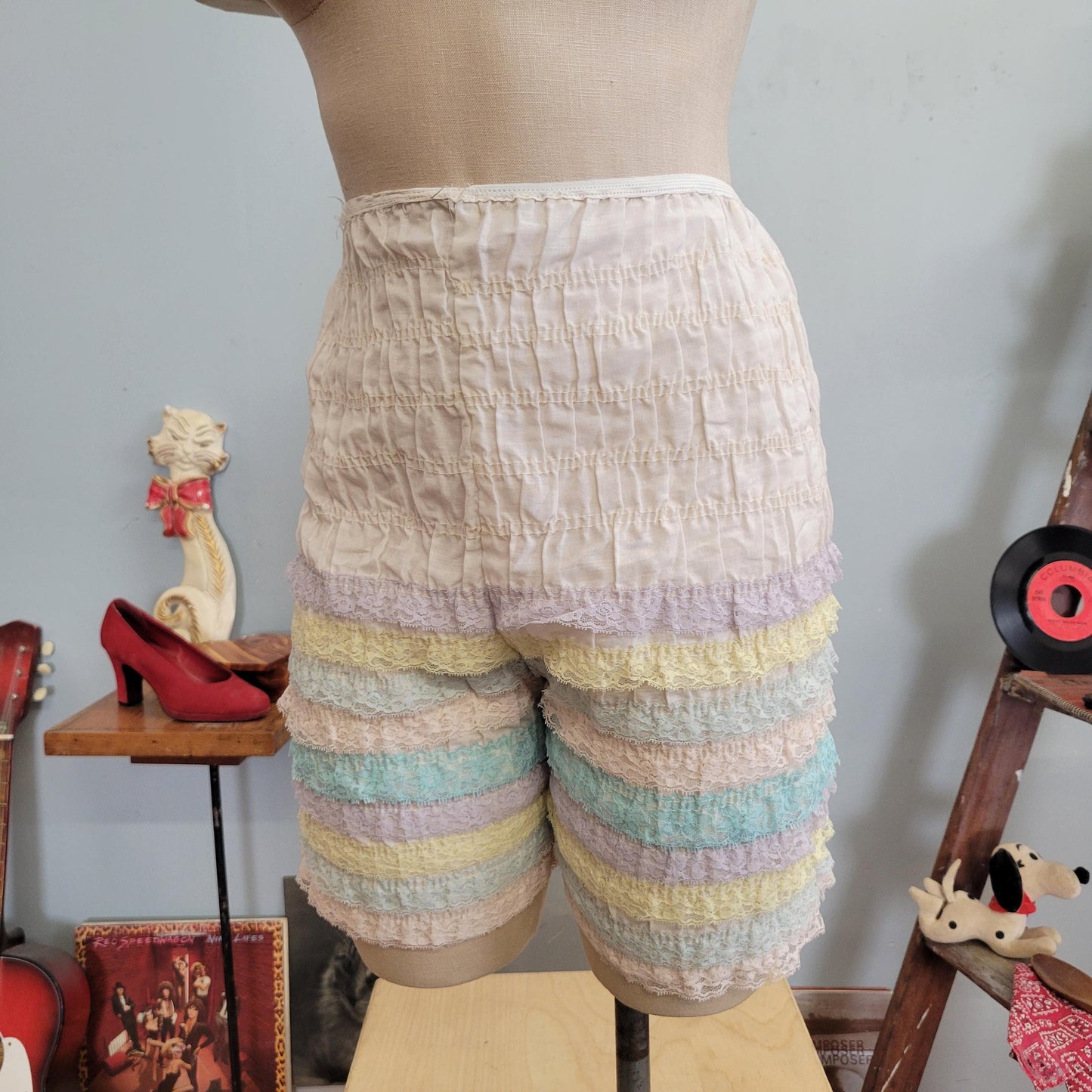 vtg 70s PASTEL RUFFLE BLOOMERS // vintage lingerie shorts partners please medium womens square dancing shorts retro long leg rainbow fairy