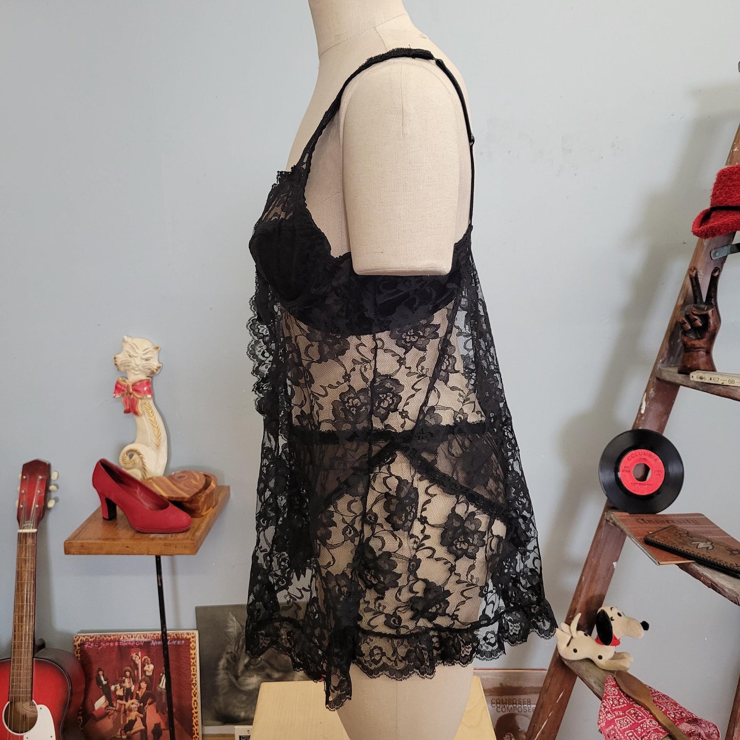 vtg 70s FREDERICKS OF HOLLYWOOD Set // vintage black lace 36C sexy open front sheer black nylon panties and babydoll robe nightie peignoir