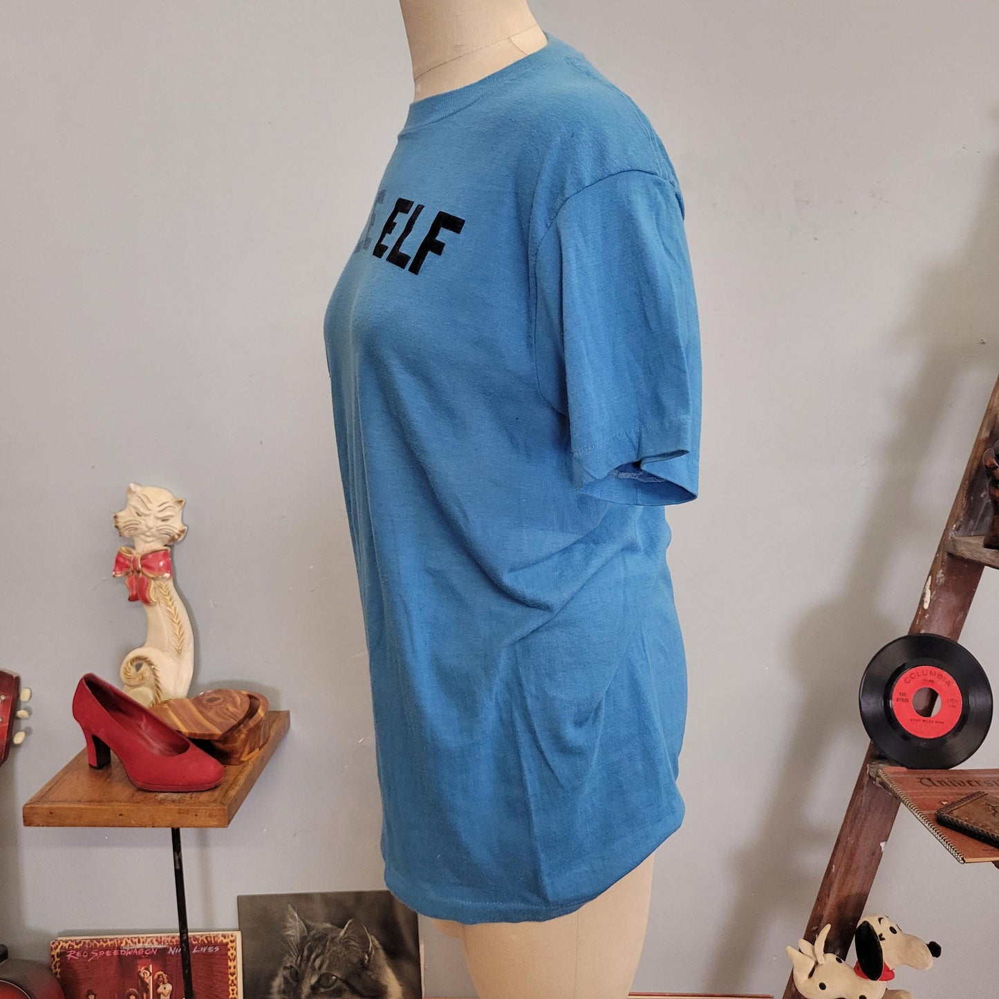 vtg 70s LITTLE ELF T-SHIRT // vintage stallion xl soft thin iron on funny kickball team player baby blue pastel flock retro single stitch