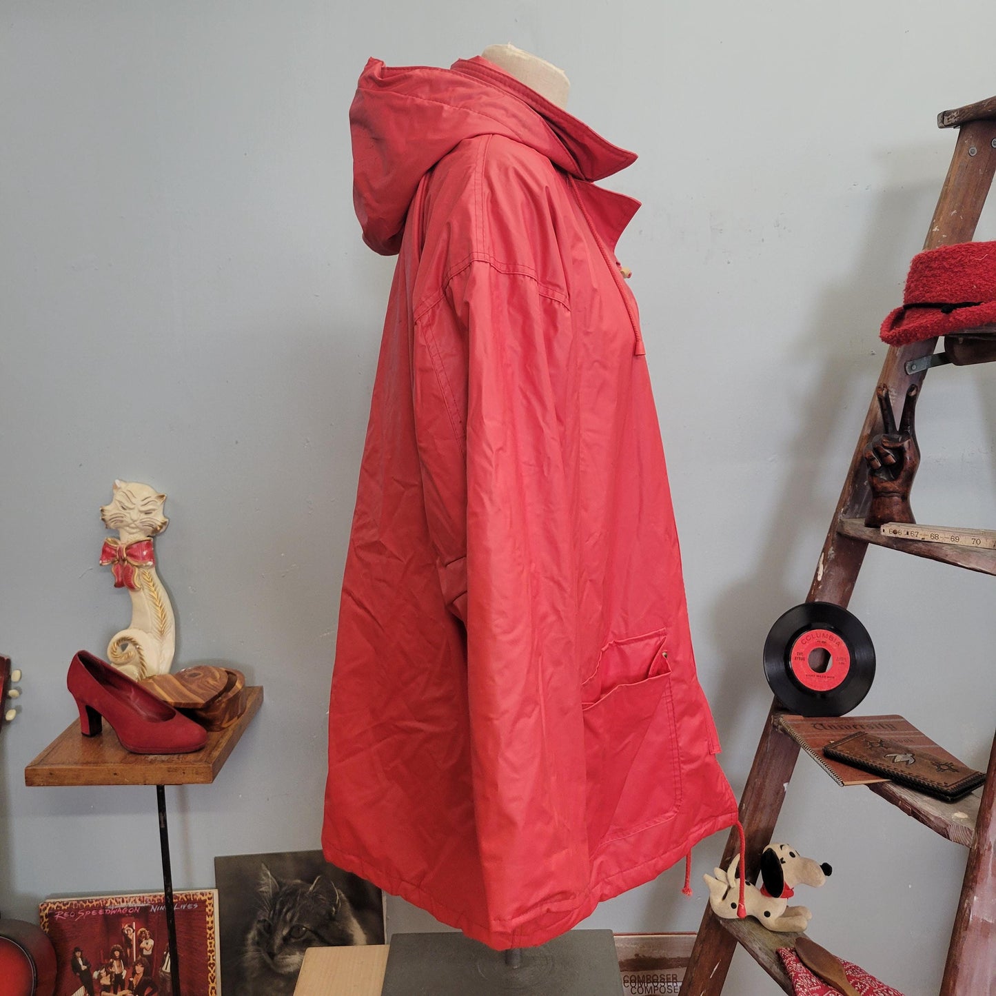 vtg 80s RED PVC JACKET // vintage jg hook raincoat x large womens plaid lined hoodie toggle button vinyl retro hooded rain jacket wet look