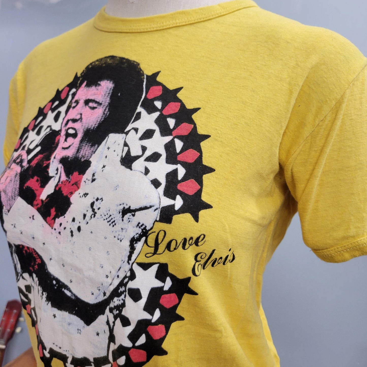 vtg 70s LOVE ELVIS T-SHIRT // vintage retro paper thin yellow tee 80s lounge singer elvis presley idol big print graphic tee retro fashion