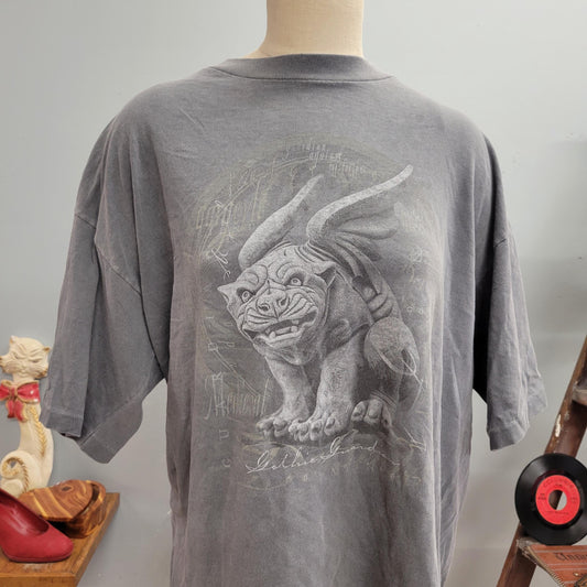 vtg 90s GOTHIC GAURDIANS SHIRT // vintage gargoyles oversized xl soft goods united design usa xl grey all over print graveyard soft thin top