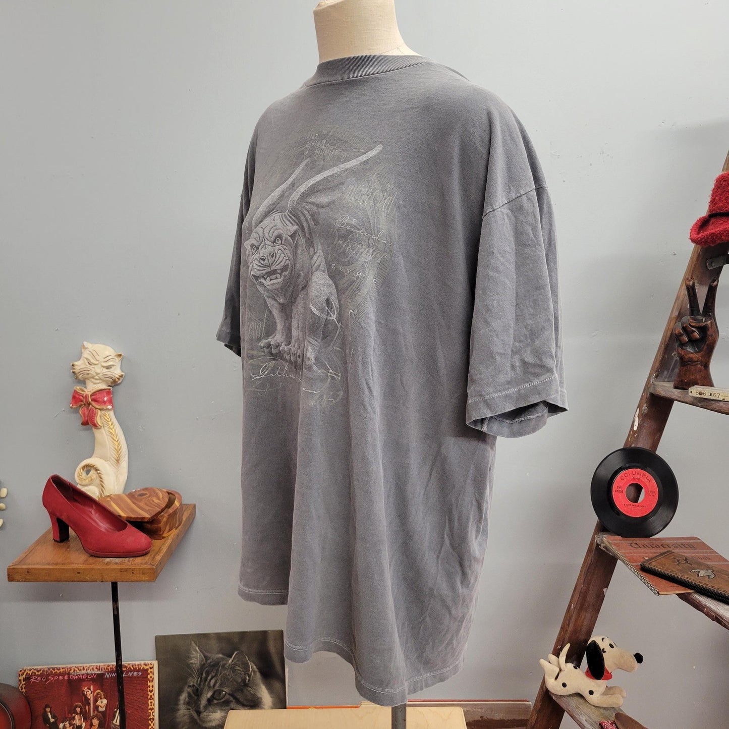 vtg 90s GOTHIC GAURDIANS SHIRT // vintage gargoyles oversized xl soft goods united design usa xl grey all over print graveyard soft thin top