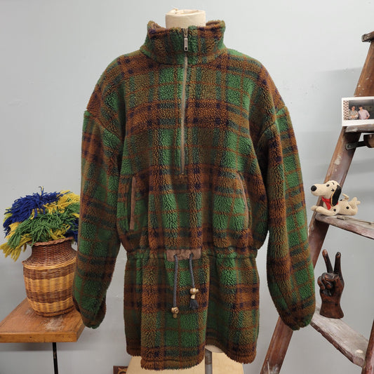 vtg 80s PLAID FLEECE SWEATER // vintage tsunami sport large oversized fall jacket soft sherpa cinch waist warm soft turtleneck camouflage