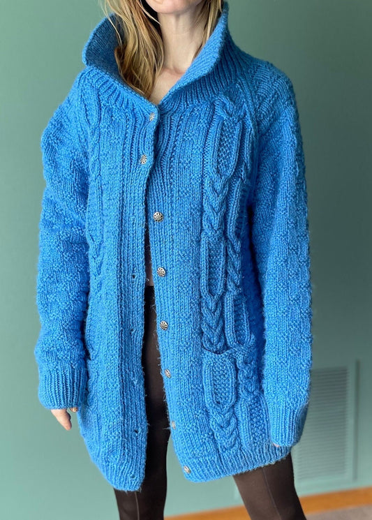 vtg 70s LONG BLUE CARDIGAN // vintage thick hand knit collared cardigan cottage core granny cozy autumn winter shawl collar sweater jacket