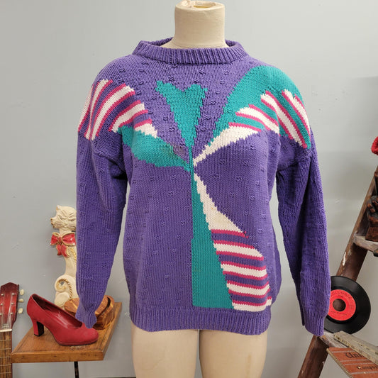 vtg 80s PATTERNED KNIT SWEATER // vintage funky cute medium womens pastel lavender abstract print chunky cozy autumn slouchy casual ribbed