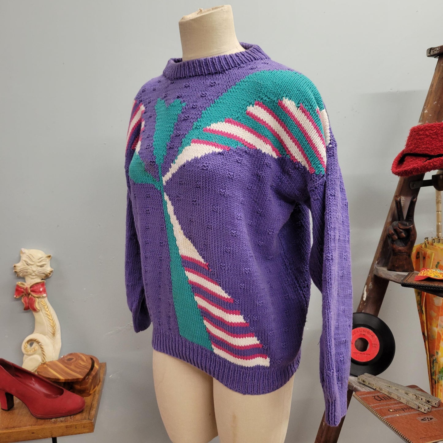vtg 80s PATTERNED KNIT SWEATER // vintage funky cute medium womens pastel lavender abstract print chunky cozy autumn slouchy casual ribbed