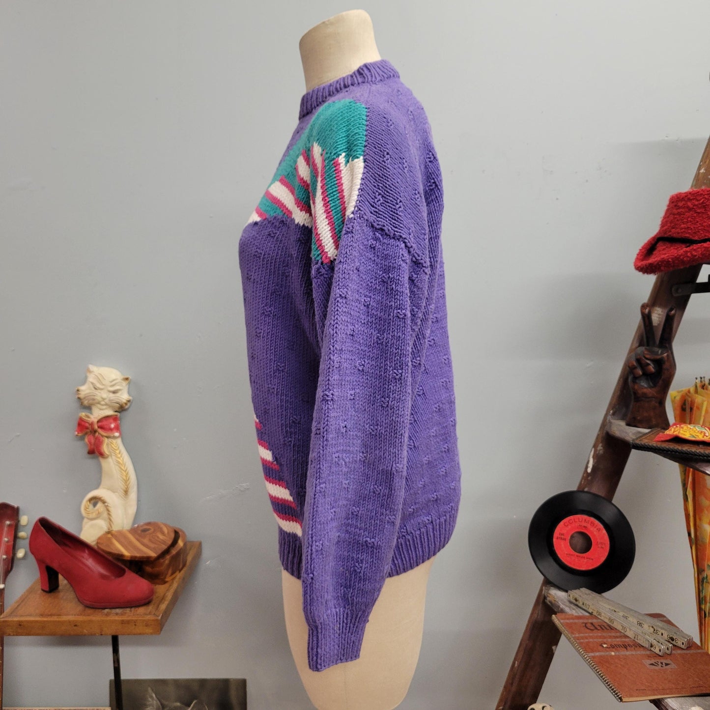 vtg 80s PATTERNED KNIT SWEATER // vintage funky cute medium womens pastel lavender abstract print chunky cozy autumn slouchy casual ribbed