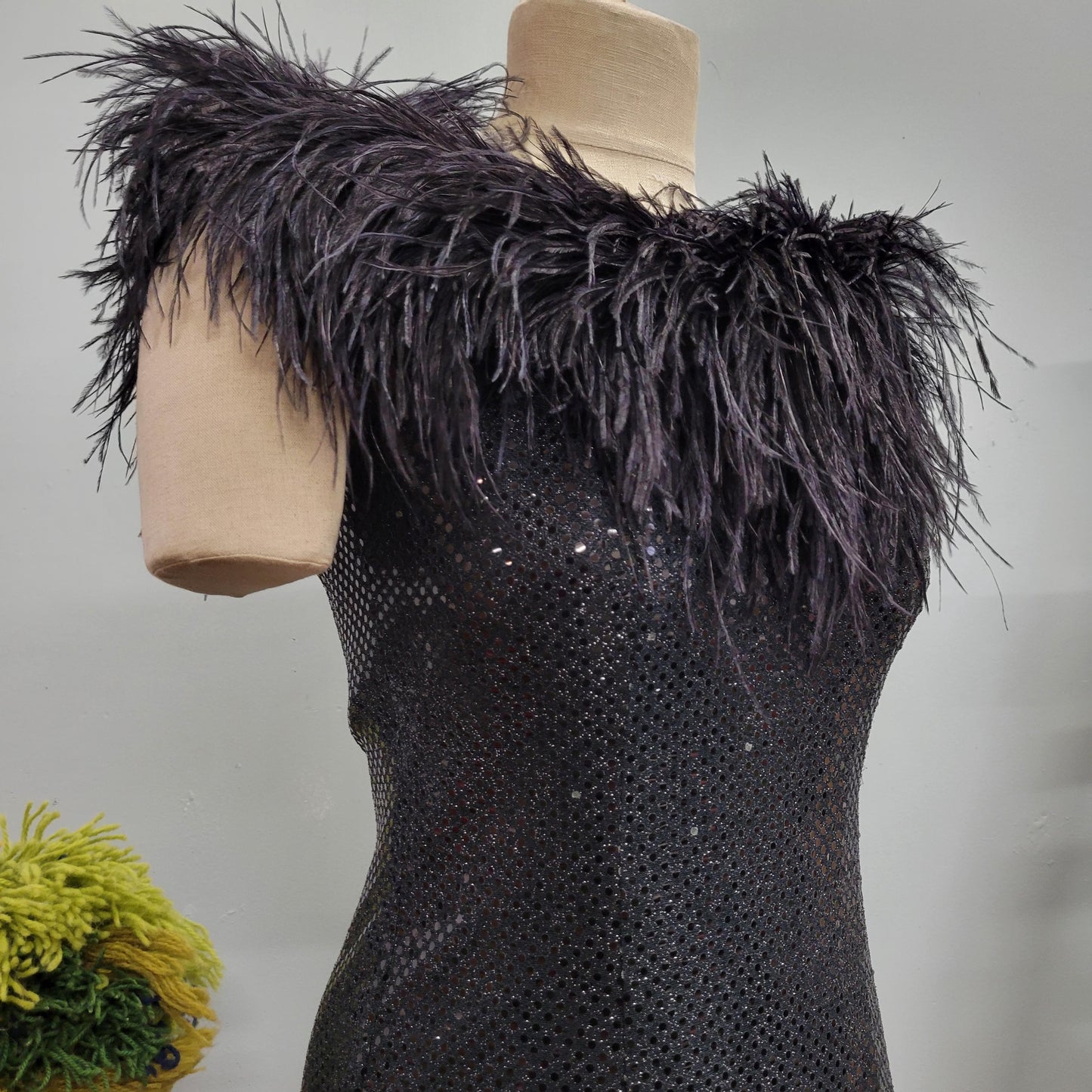 vtg 80s SEQUINED FEATHER DRESS / vintage jump size 9/10 holiday new years gown inky black full length sexy party couture style evening dress