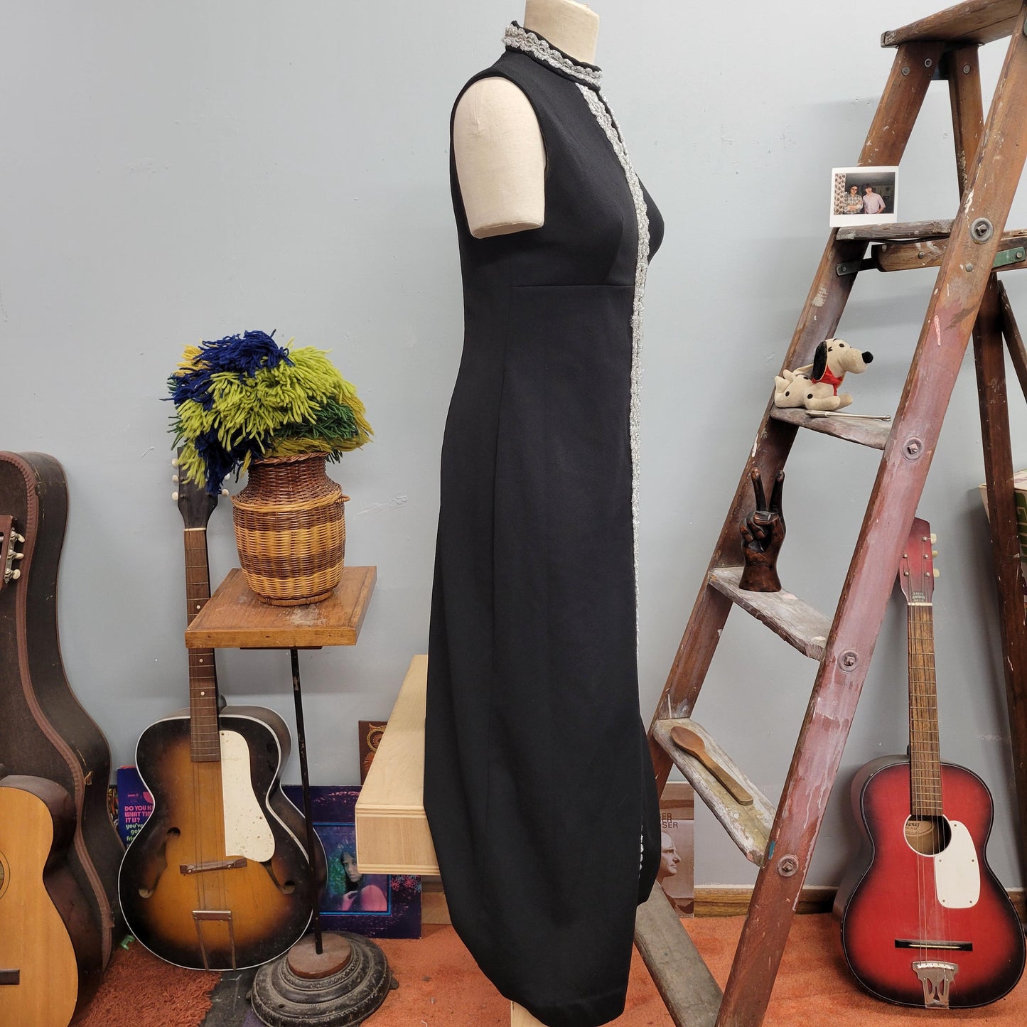 vtg 70s TINSEL TRIM DRESS // vintage new years holiday gown keyhole mock neck long black cocktail party hostess evening gown silver lurex