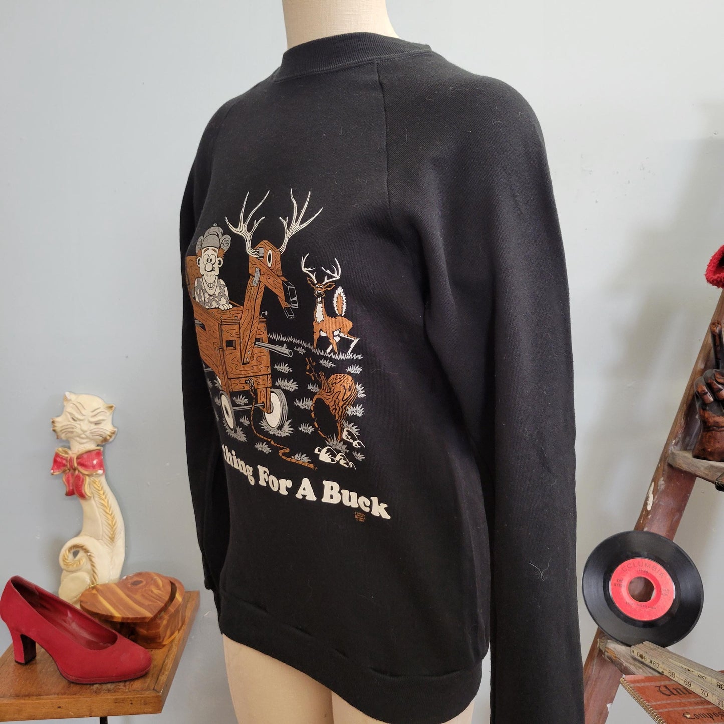 vtg 80s ANYTHING For a BUCK SWEATSHIRT // vintage jerzees medium crewneck black hunter shirt funny deer hunter gift far side cute ironic tee