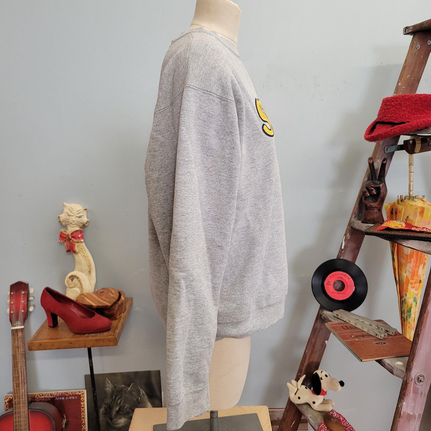 vtg 90s SPAM CREWNECK SWEATSHIRT // vintage fruit of the loom large oversized yellow embroidered applique canned meat gray baggy casual top