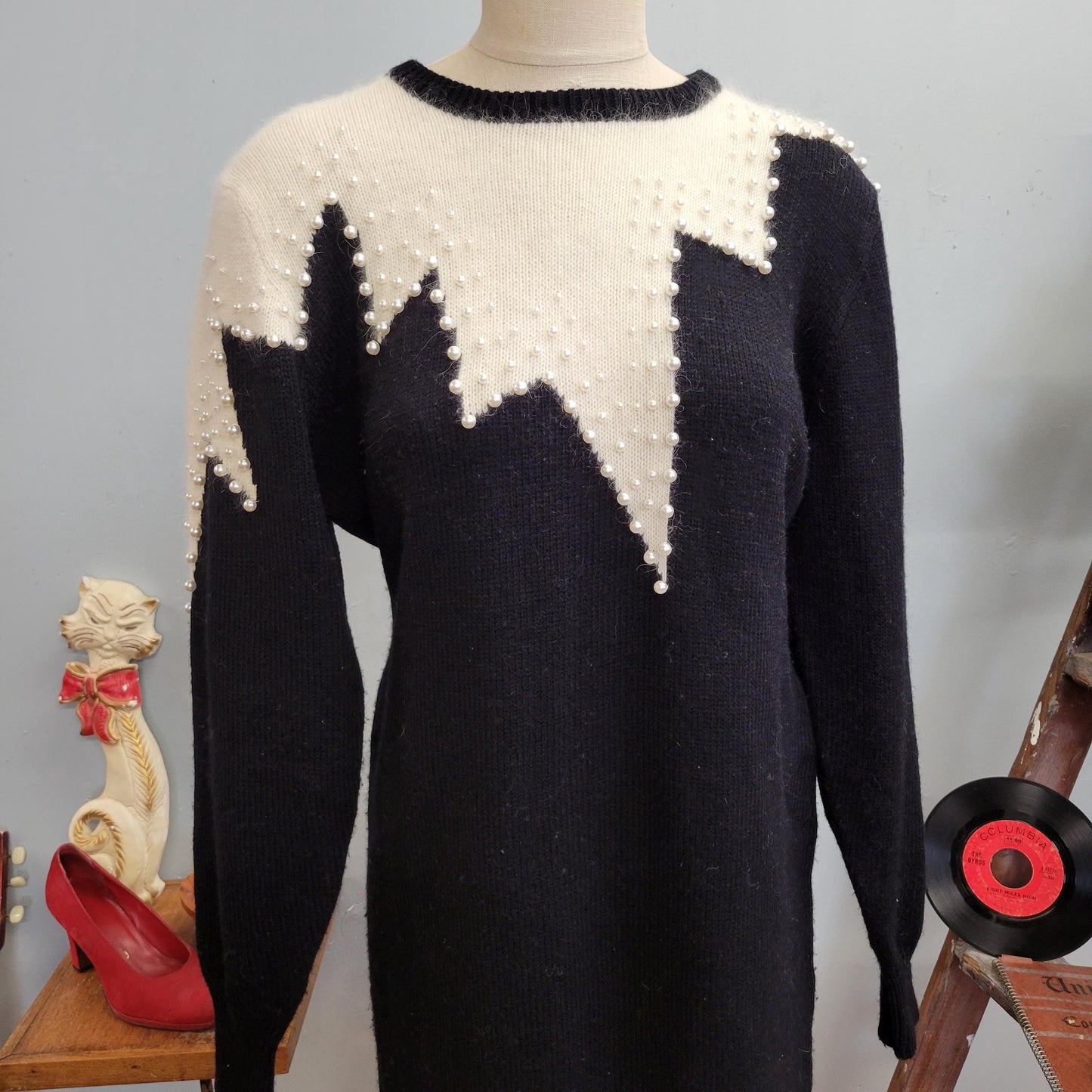 vtg 80s PEARL SWEATER DRESS / vintage christina grant large black & white angora art deco fuzzy shaggy long sweater cocktail statement dress