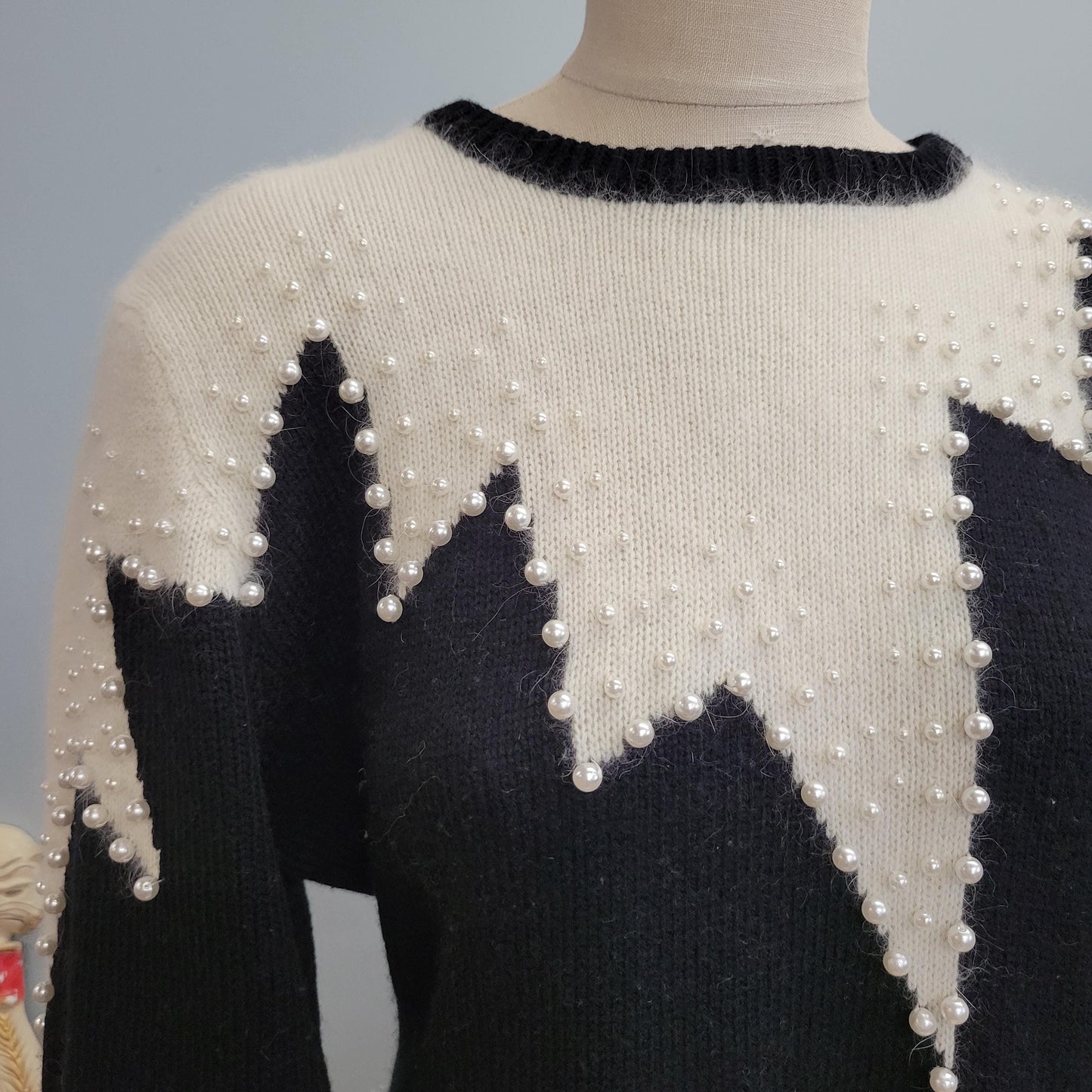 vtg 80s PEARL SWEATER DRESS / vintage christina grant large black & white angora art deco fuzzy shaggy long sweater cocktail statement dress