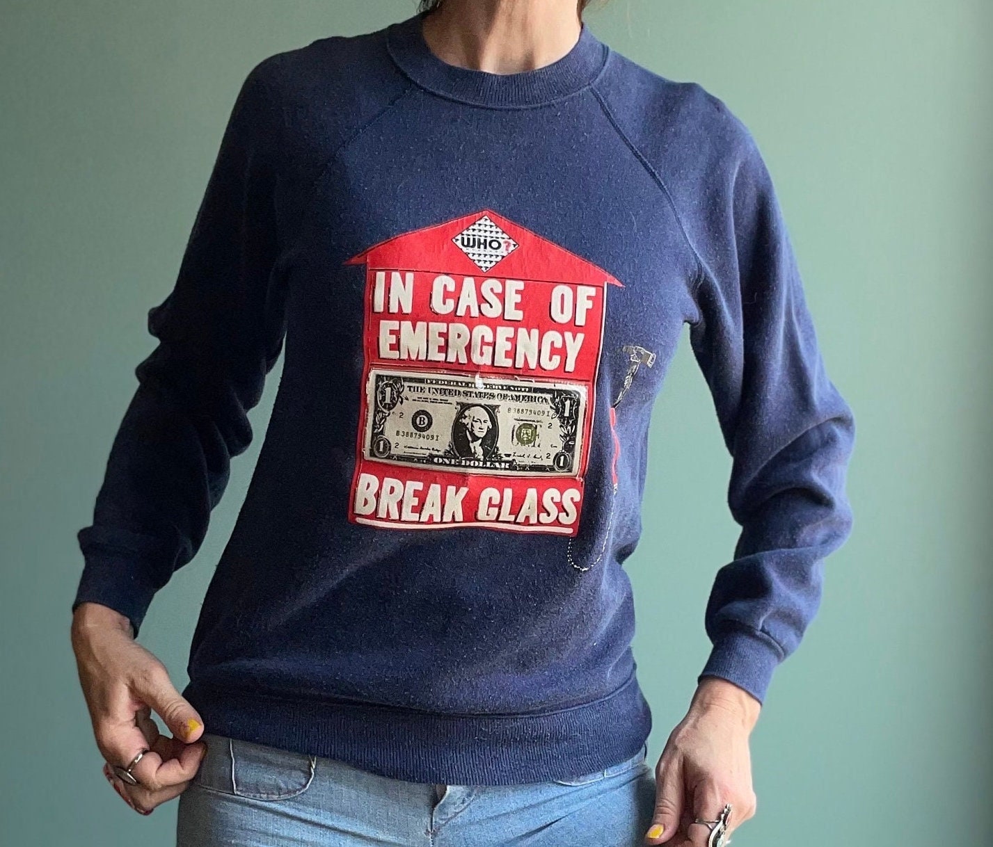 vtg 80s MONEY SWEATSHIRT // vintage "In case of emergency break glass" funny shirt fitted broke last dollar bill 80s gag gift recession