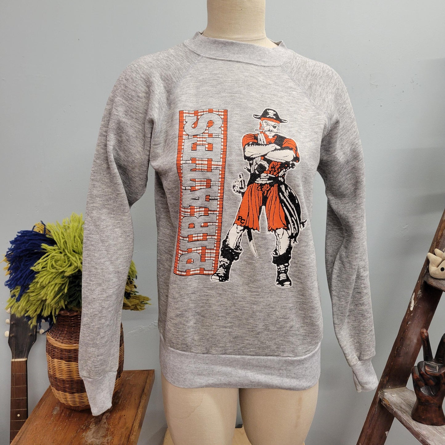 vtg 70s PIRATE SWEATSHIRT  // vintage pannill medium mens buccaneer sports gray crewneck fain personalized custom sporty autumn football