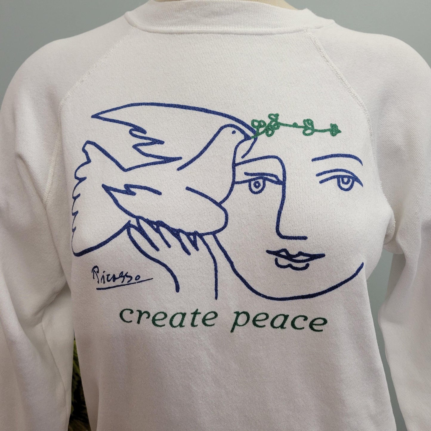 vtg 80s PICASSO PEACE SWEATSHIRT // vintage hanes crewneck medium unisex create peace crew neck white winter olive branch dove love xmas