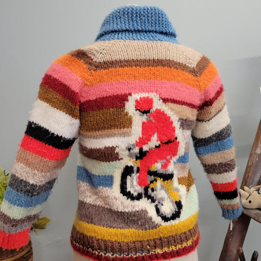 vtg 70s KNIT STRIPED SWEATER // vintage youth large motorcycle cowichan rainbow pattern zip up retro bicyclist the shining adult xs handmade