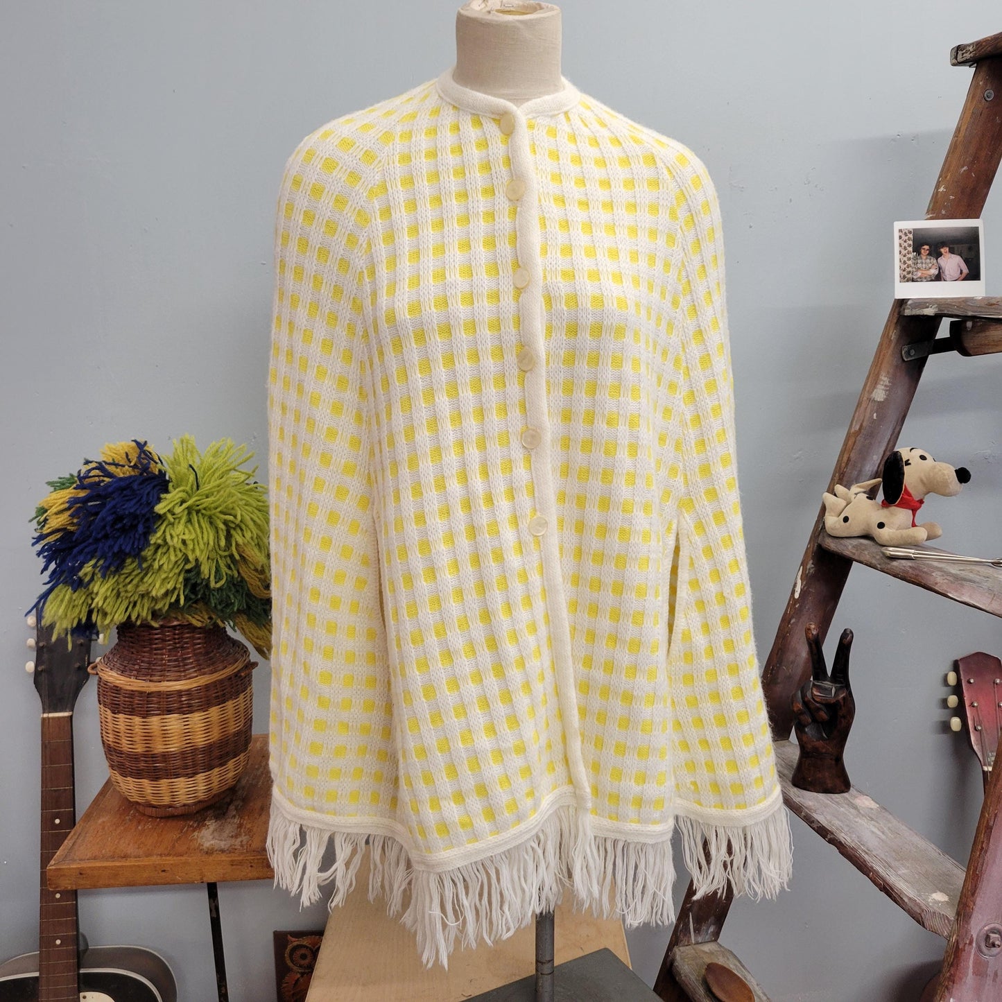 vtg 70s PLAID FRINGE PONCHO // vintage americana knitting mills yellow plaid button up wearable blanket pastel fairy 60s mod fringe cape