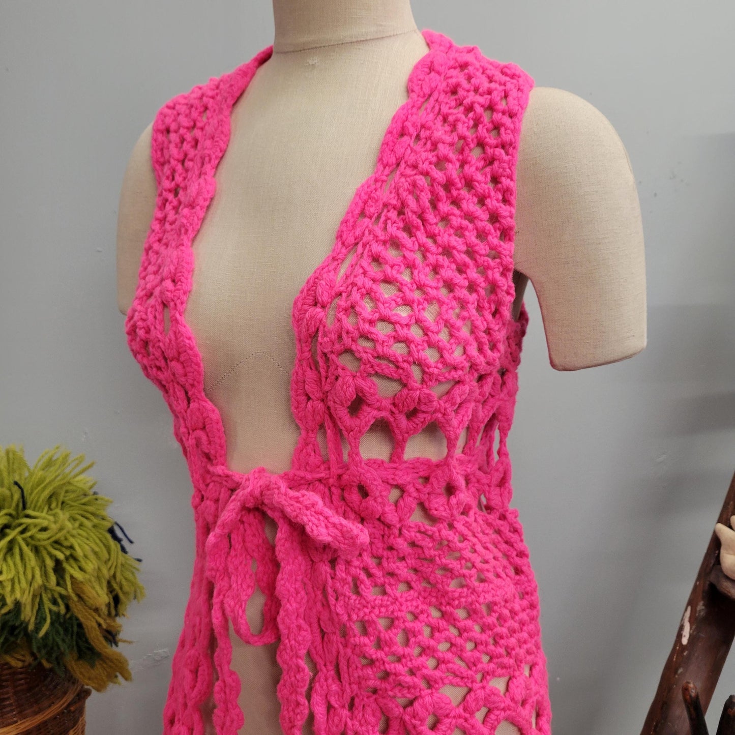 vtg 70s PINK CROCHET VEST // vintage hot pink neon cover up waistcoat long vest autumn winter layering sweater vest barbie style mod retro