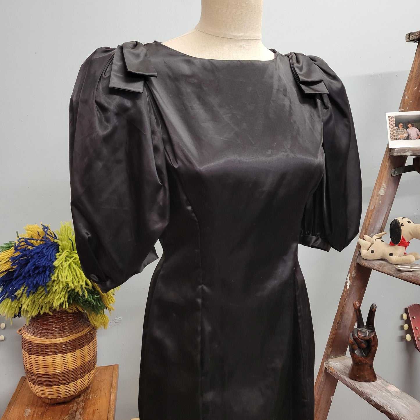 vtg 80s SATIN PUFF SLEEVE dress // vintage inky black gown gothic prom style retro silky full length fit n flare party evening dress fancy