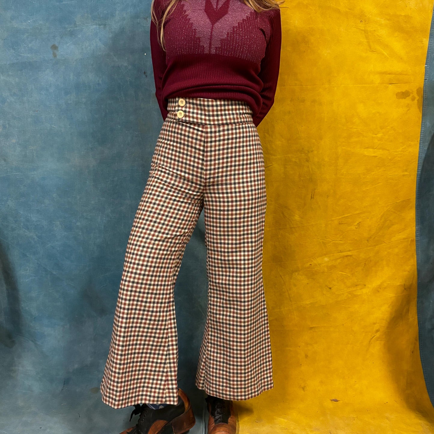 vtg 70s PLAID BELL BOTTOMS // vintage 26 women’s super high waisted flare pants retro hippie mod style autumn preppy winter fashion wide leg