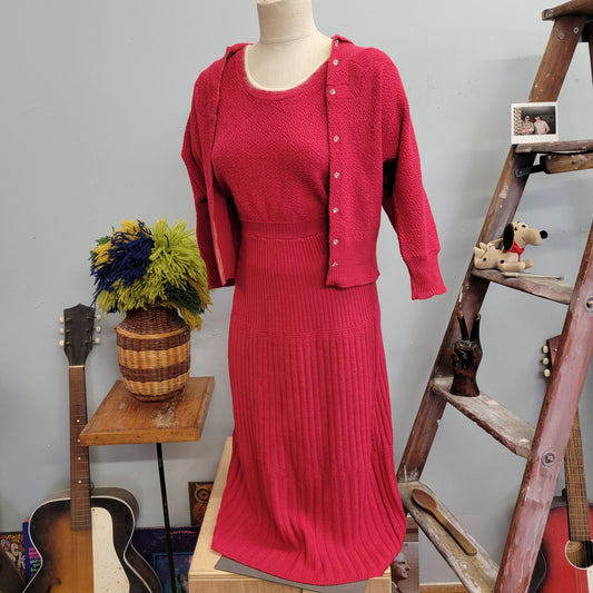vtg 40s 3 PIECE SWEATER SET // vintage skirt sweater top toby berman medium womens angora trim wool sweater dress set car raspberry cardigan
