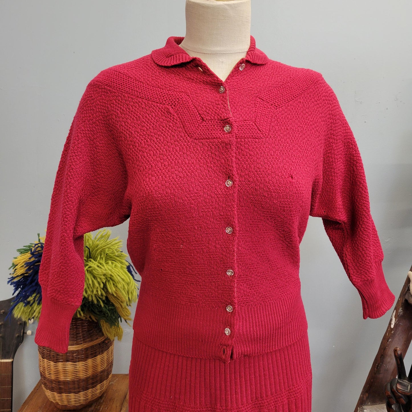vtg 40s 3 PIECE SWEATER SET // vintage skirt sweater top toby berman medium womens angora trim wool sweater dress set car raspberry cardigan