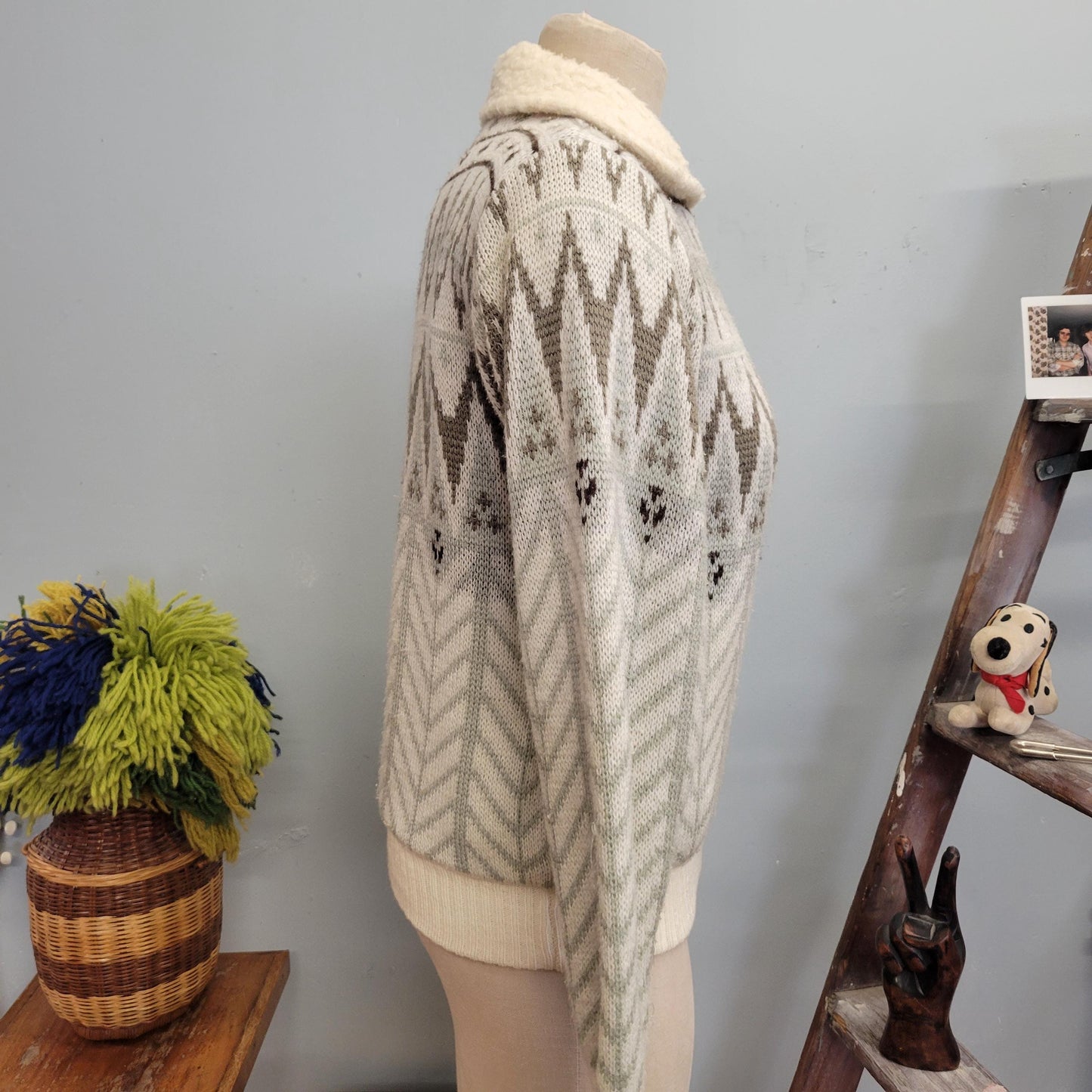 vtg 80s SHERPA WINTER SWEATER // vintage italian mob medium nordic zip up sweater jacket fair isle collared geometric neutral tones winter