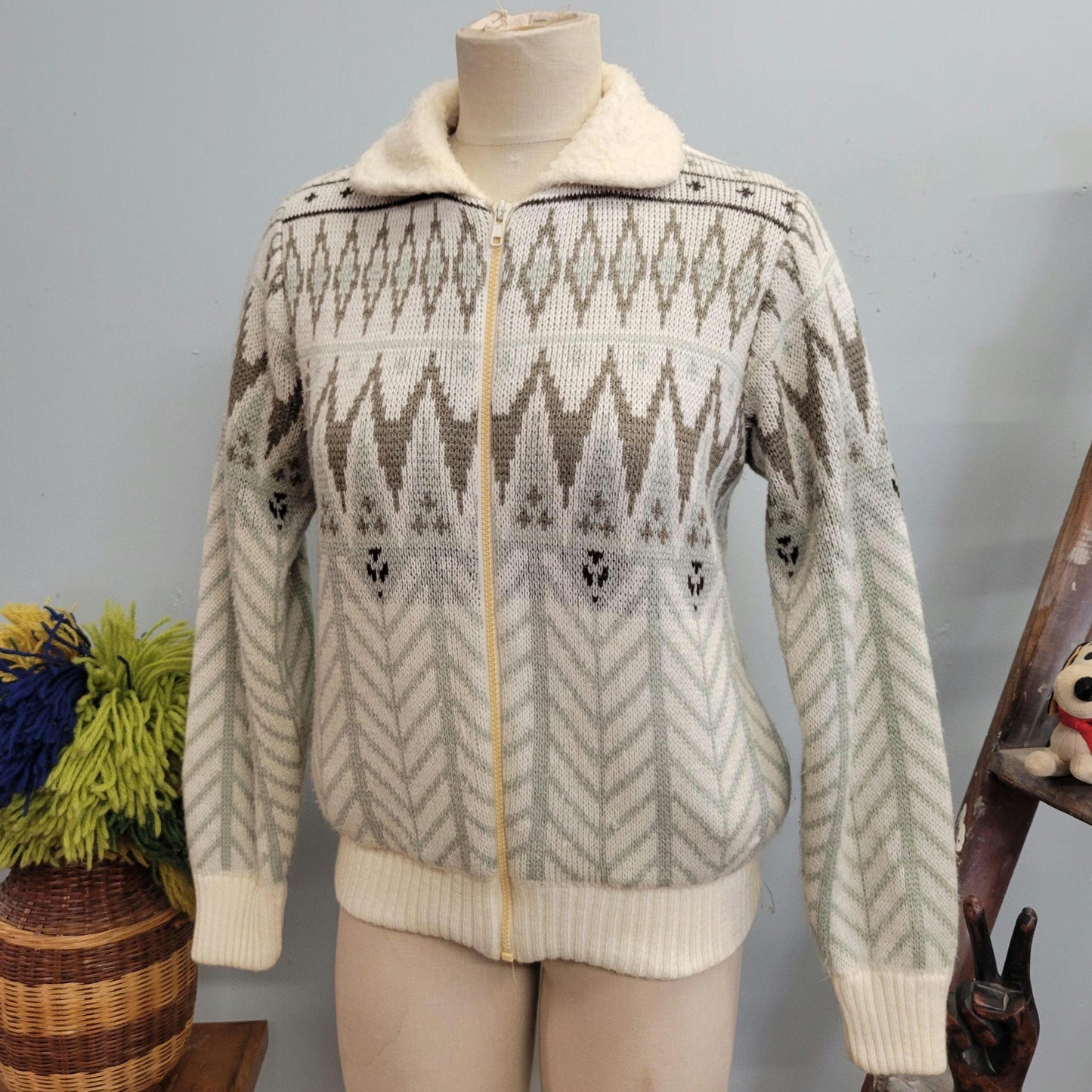 vtg 80s SHERPA WINTER SWEATER // vintage italian mob medium nordic zip up sweater jacket fair isle collared geometric neutral tones winter
