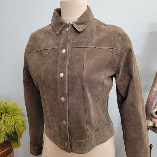 vtg Y2K CROPPED SUEDE JACKET // vintage arden b womens large neutral colors minimalist style autumn tones snap buttons collared mini jacket