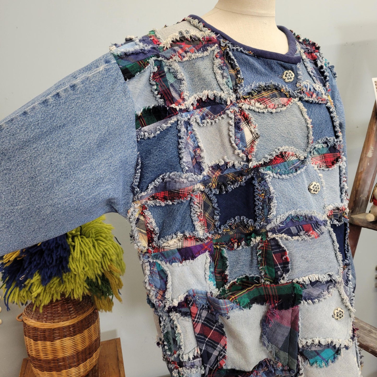 vtg 70s PATCHWORK DENIM JACKET // vintage handmade flannel lined jean jacket folk art funky crafty granny suares afghan blanket tapestry
