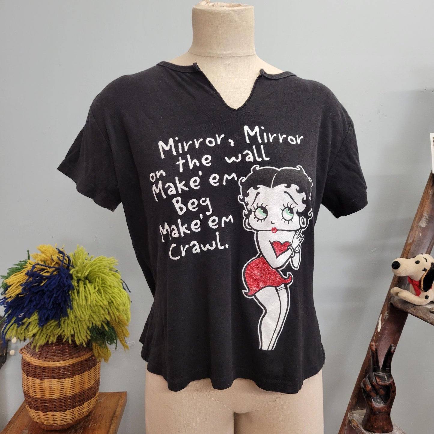 Vtg y2k BETTY BOOP TSHIRT // vintage betty boop top xl cute pin up sexy femme cut black crop top baby tee funny saying all over text print