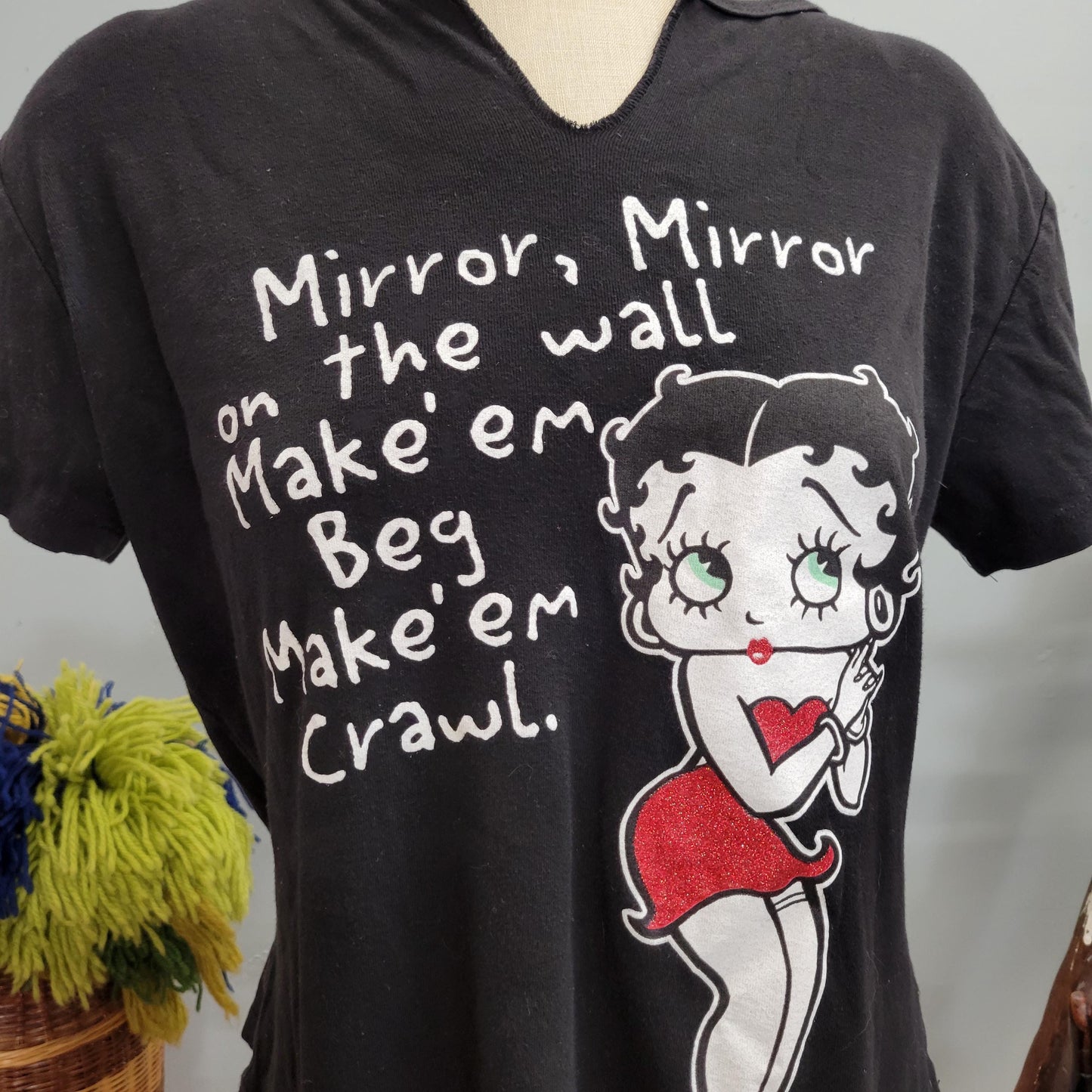 Vtg y2k BETTY BOOP TSHIRT // vintage betty boop top xl cute pin up sexy femme cut black crop top baby tee funny saying all over text print
