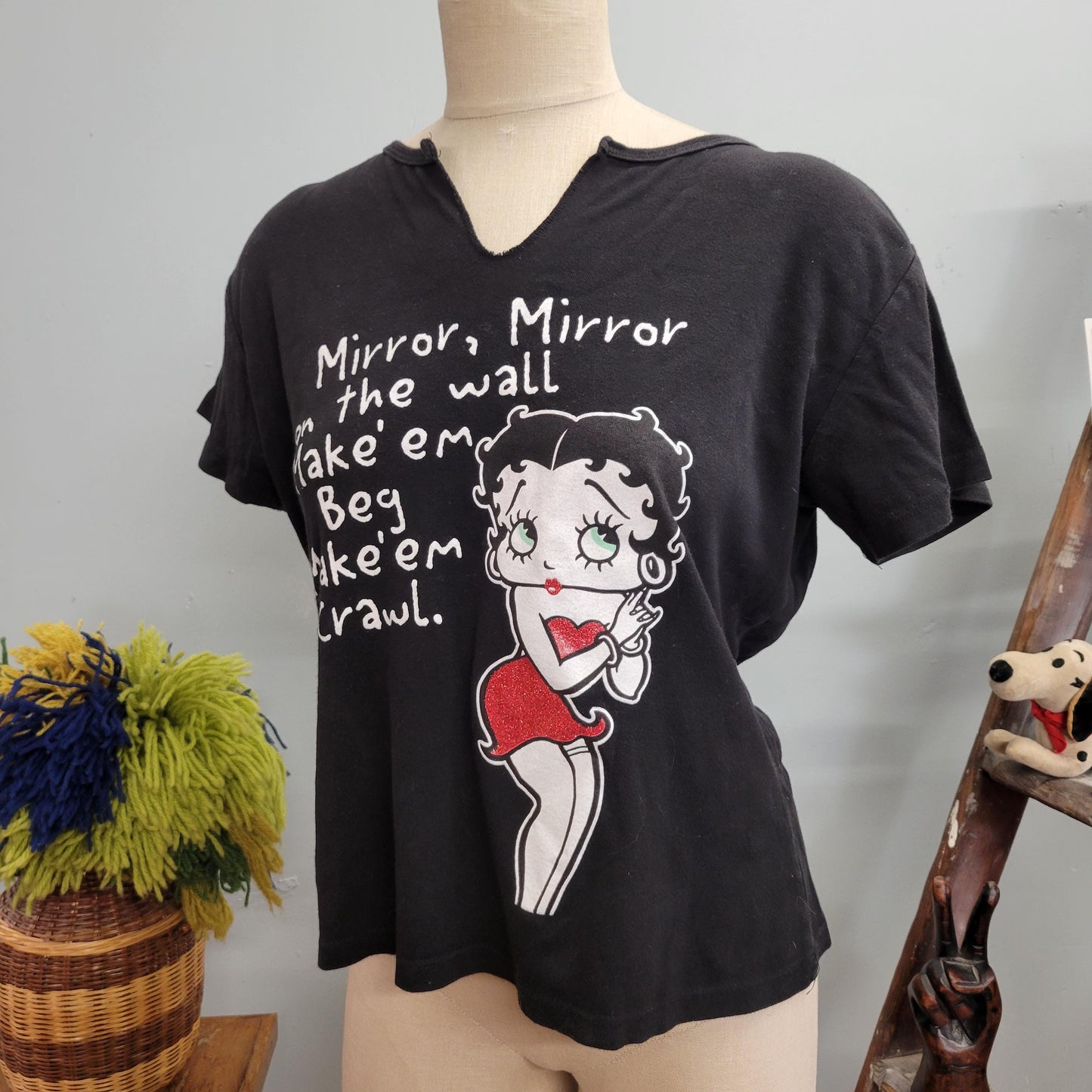 Vtg y2k BETTY BOOP TSHIRT // vintage betty boop top xl cute pin up sexy femme cut black crop top baby tee funny saying all over text print