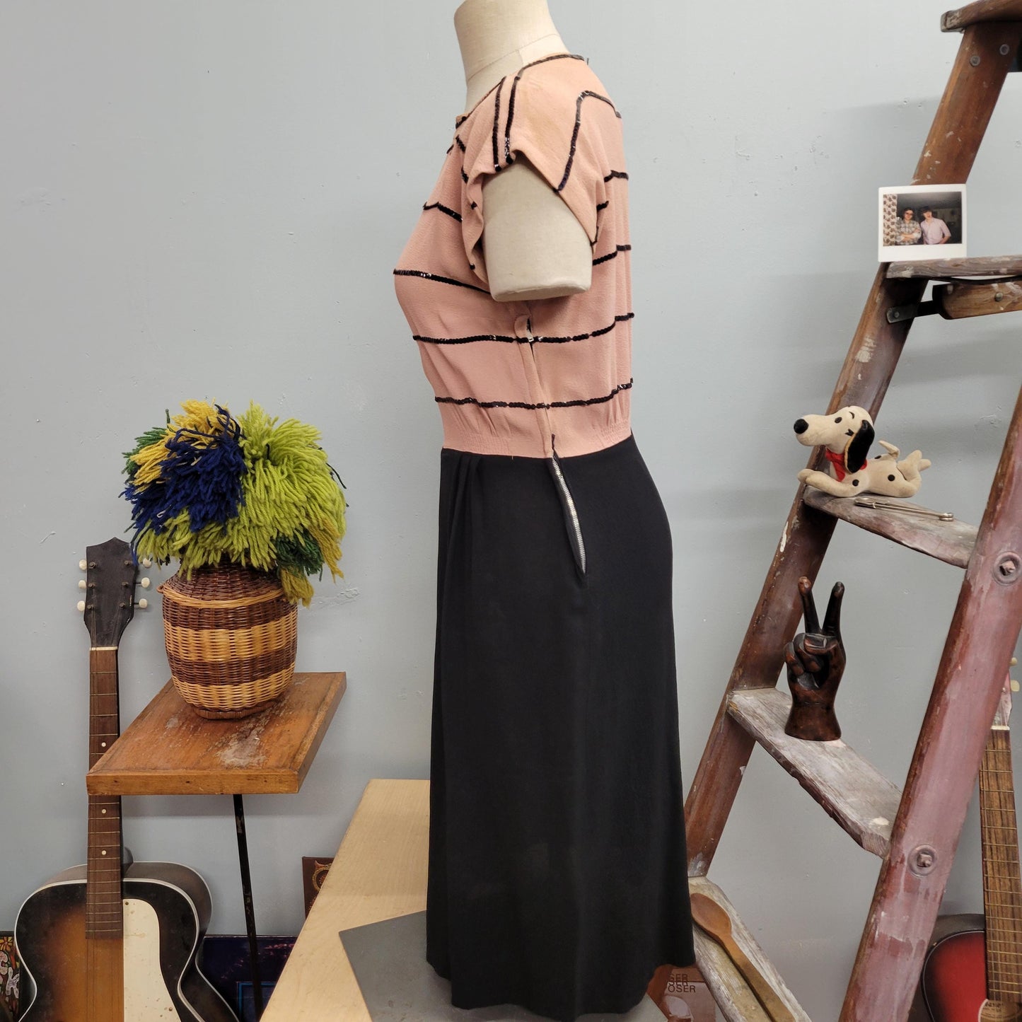 vtg 40s RAYON SEQUIN DRESS // fixer upper as is crepe beaded pastel 1930s art deco fancy evening cocktail dress peach & black two tone gown