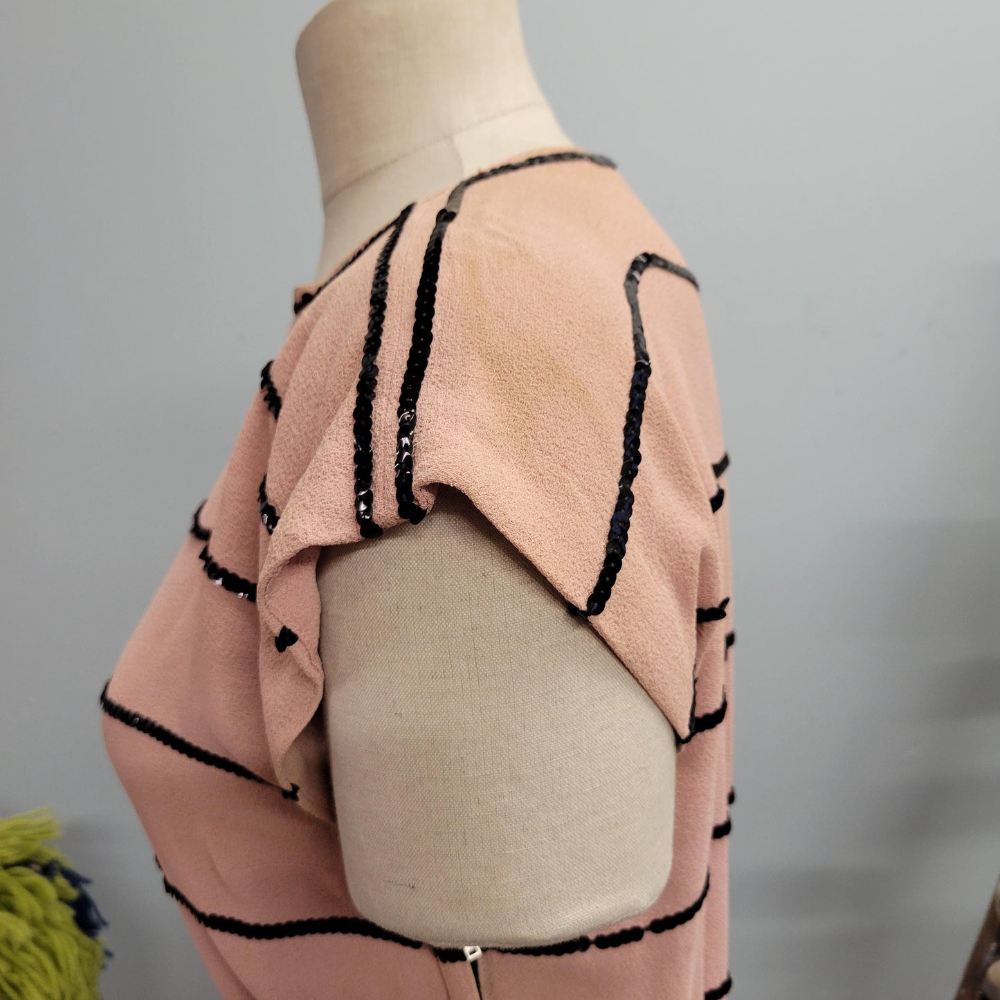 vtg 40s RAYON SEQUIN DRESS // fixer upper as is crepe beaded pastel 1930s art deco fancy evening cocktail dress peach & black two tone gown
