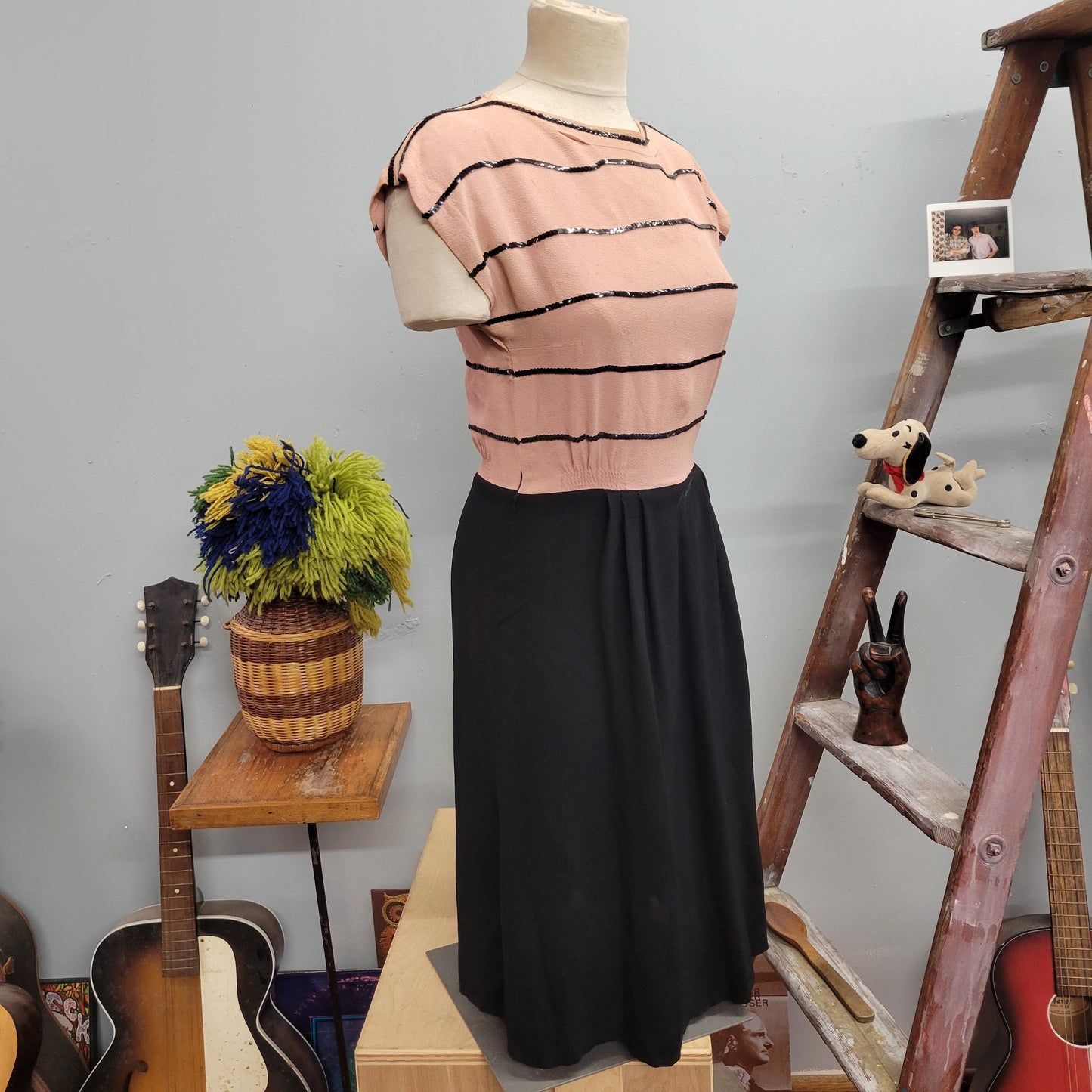 vtg 40s RAYON SEQUIN DRESS // fixer upper as is crepe beaded pastel 1930s art deco fancy evening cocktail dress peach & black two tone gown