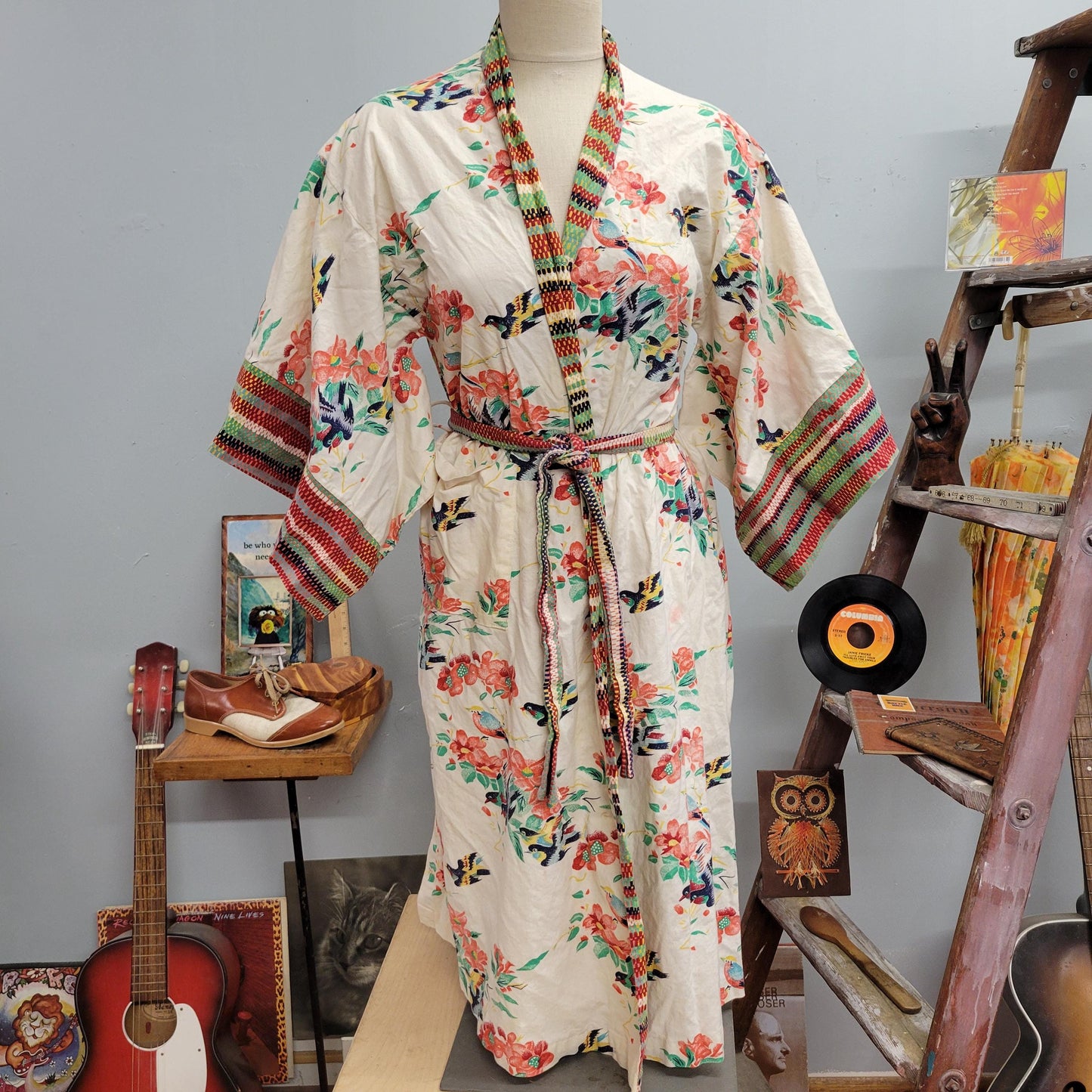 vtg 70s FLORAL WRAP DRESS // vintage Gilligan & O'Malley medium cotton kimono sleeve floral striped wrap around robe dress bohemian retro