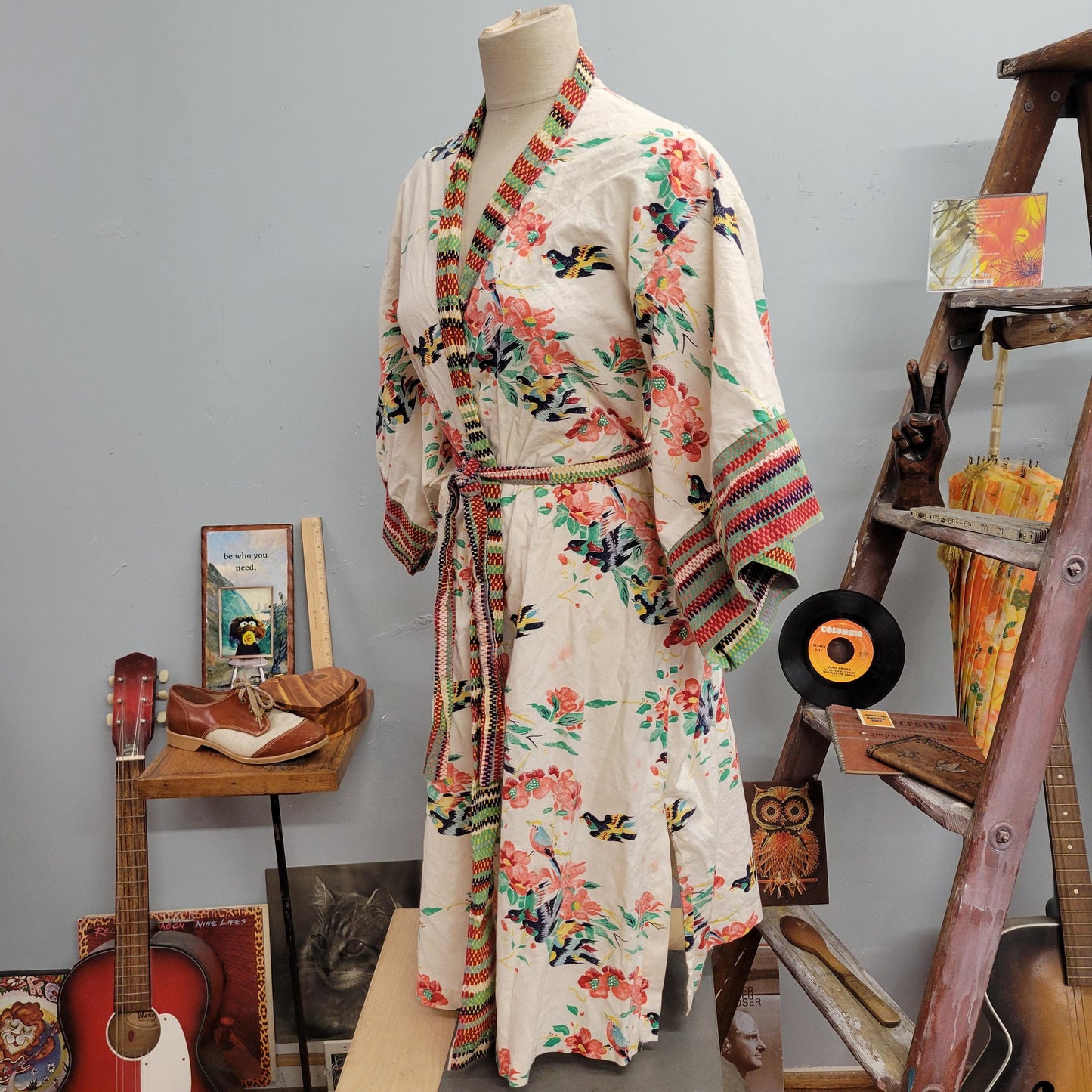 vtg 70s FLORAL WRAP DRESS // vintage Gilligan & O'Malley medium cotton kimono sleeve floral striped wrap around robe dress bohemian retro