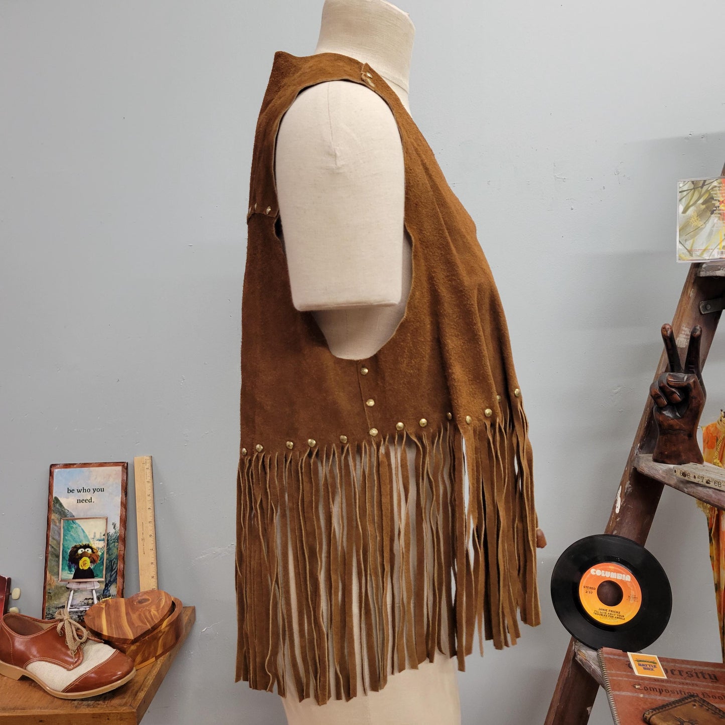 vtg 70s SUEDE FRINGE VEST // vintage western pioneer wear medium womens studded long tassel tie waist embellished beaded hippie bohemian top